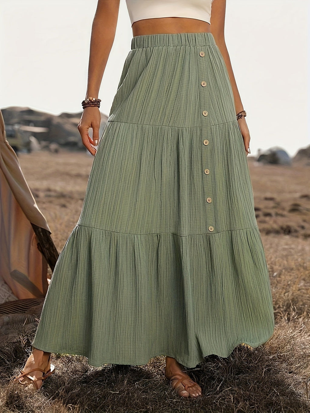 Tiered Boho Maxi Skirt with Button Front Detail