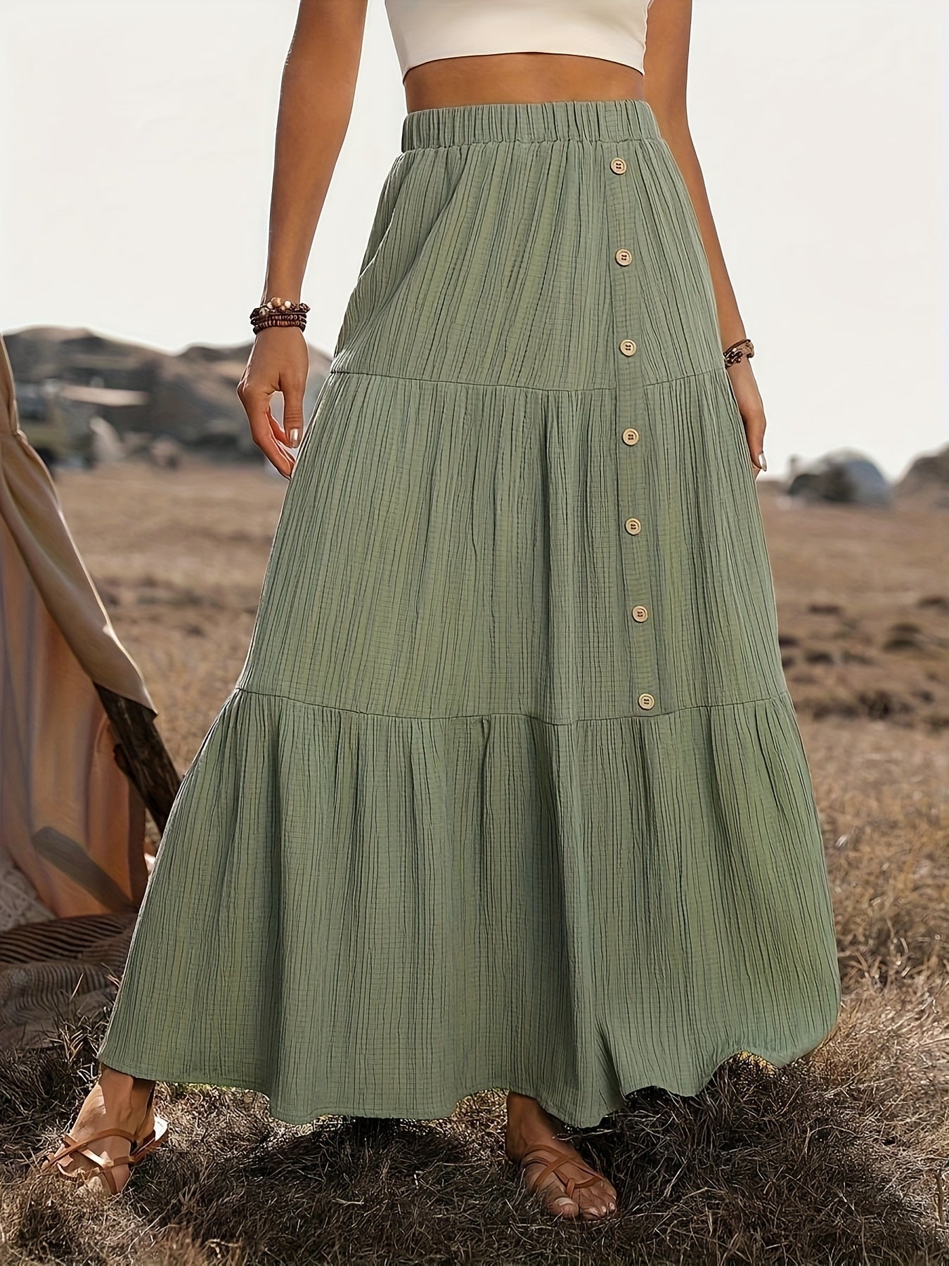 Tiered Boho Maxi Skirt with Button Front Detail