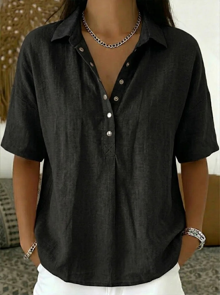 Linen Blend Collared Popover Shirt with Snap Buttons