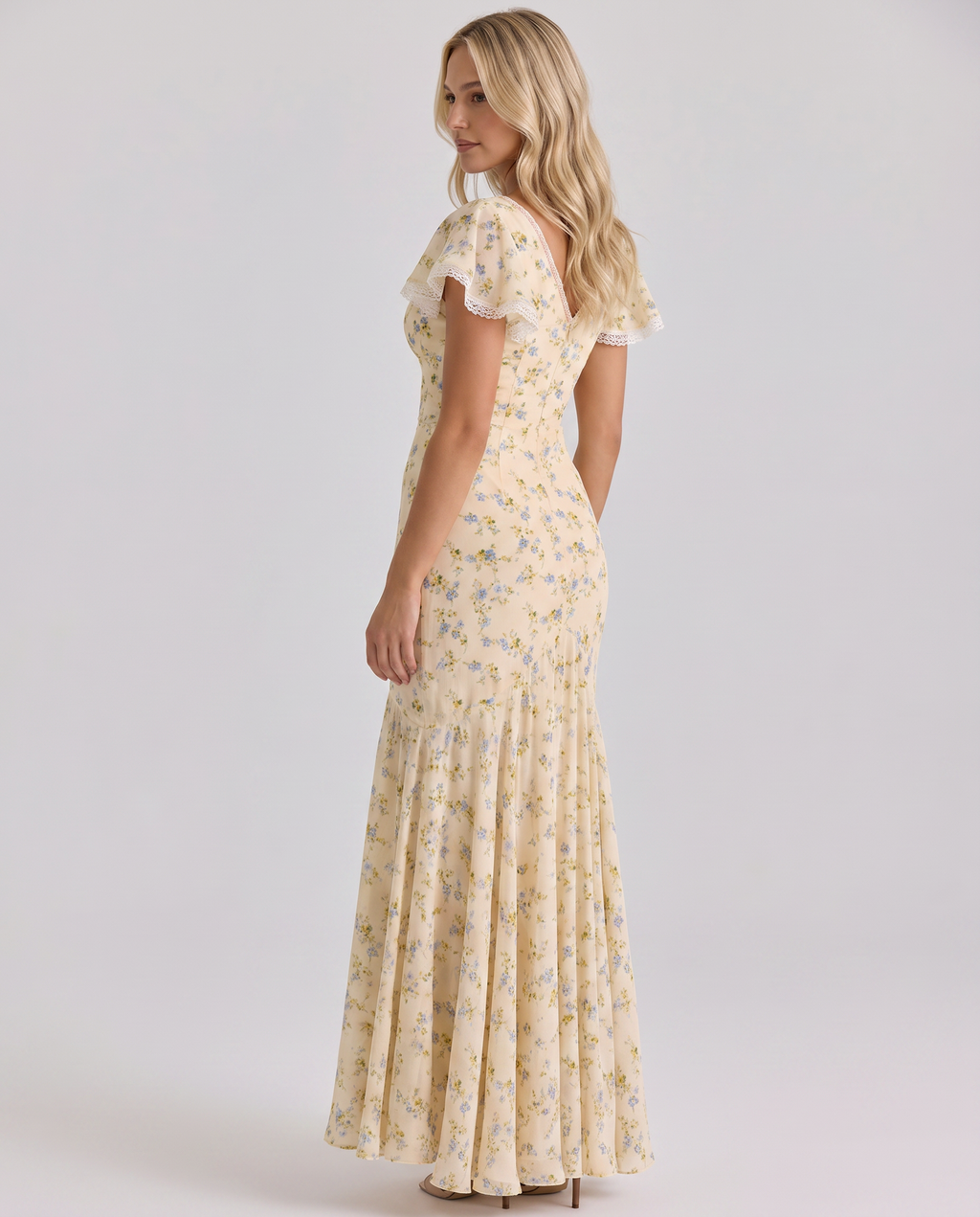 Floral Lace Trim Tie-Front Flutter Sleeve Maxi Dress