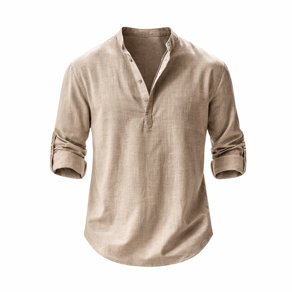 Chemise Henley en lin à manches longues avec col officier
