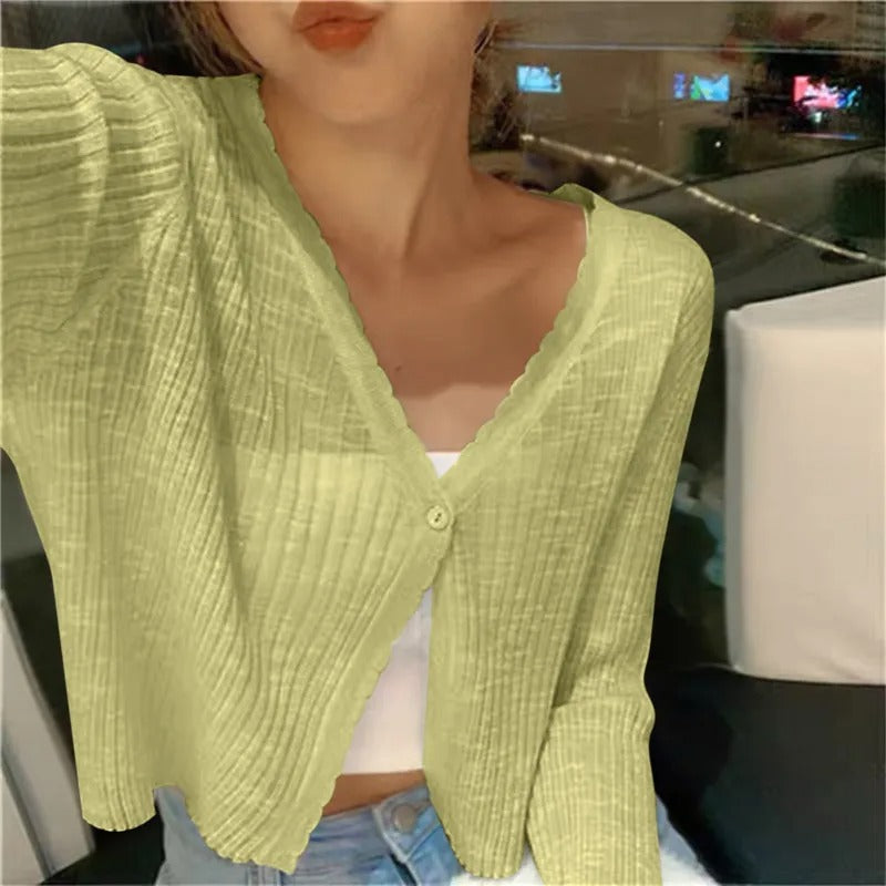 Ribbed Knit V-Neck Cropped Button Cardigan