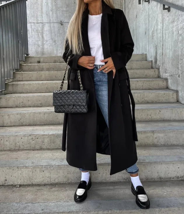 Women's Long Belted Coat with Notched Lapel