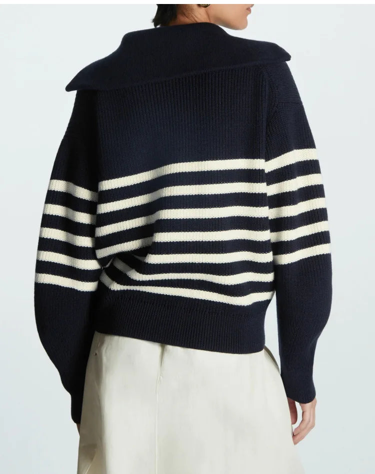 Women's Striped Half-Zip Collared Knit Sweater
