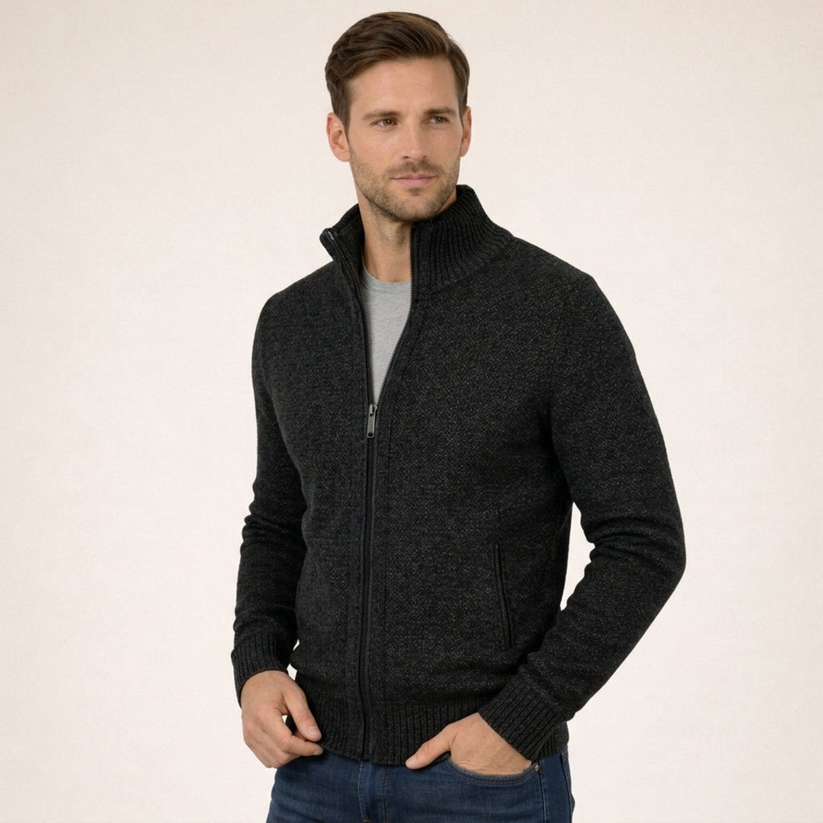 Men's Textured Knit Full-Zip Mock Neck Sweater