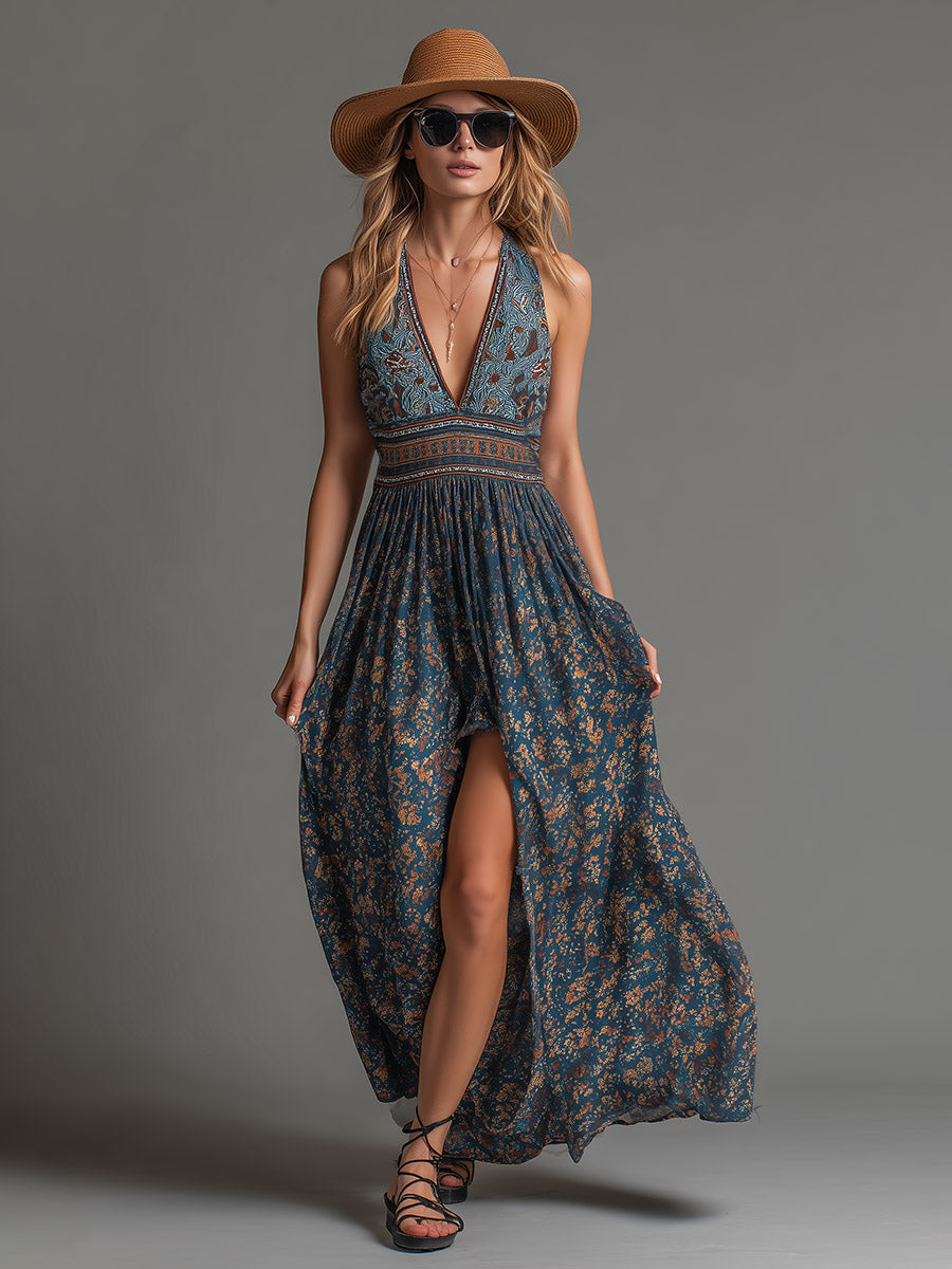 Boho Print Halter Neck Maxi Dress with Leg Slit