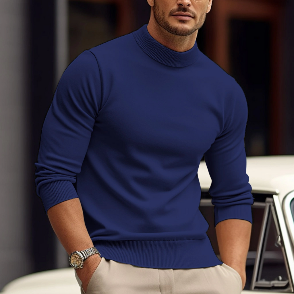 Men's plain mock turtleneck knit sweater with long sleeves and ribbed trim