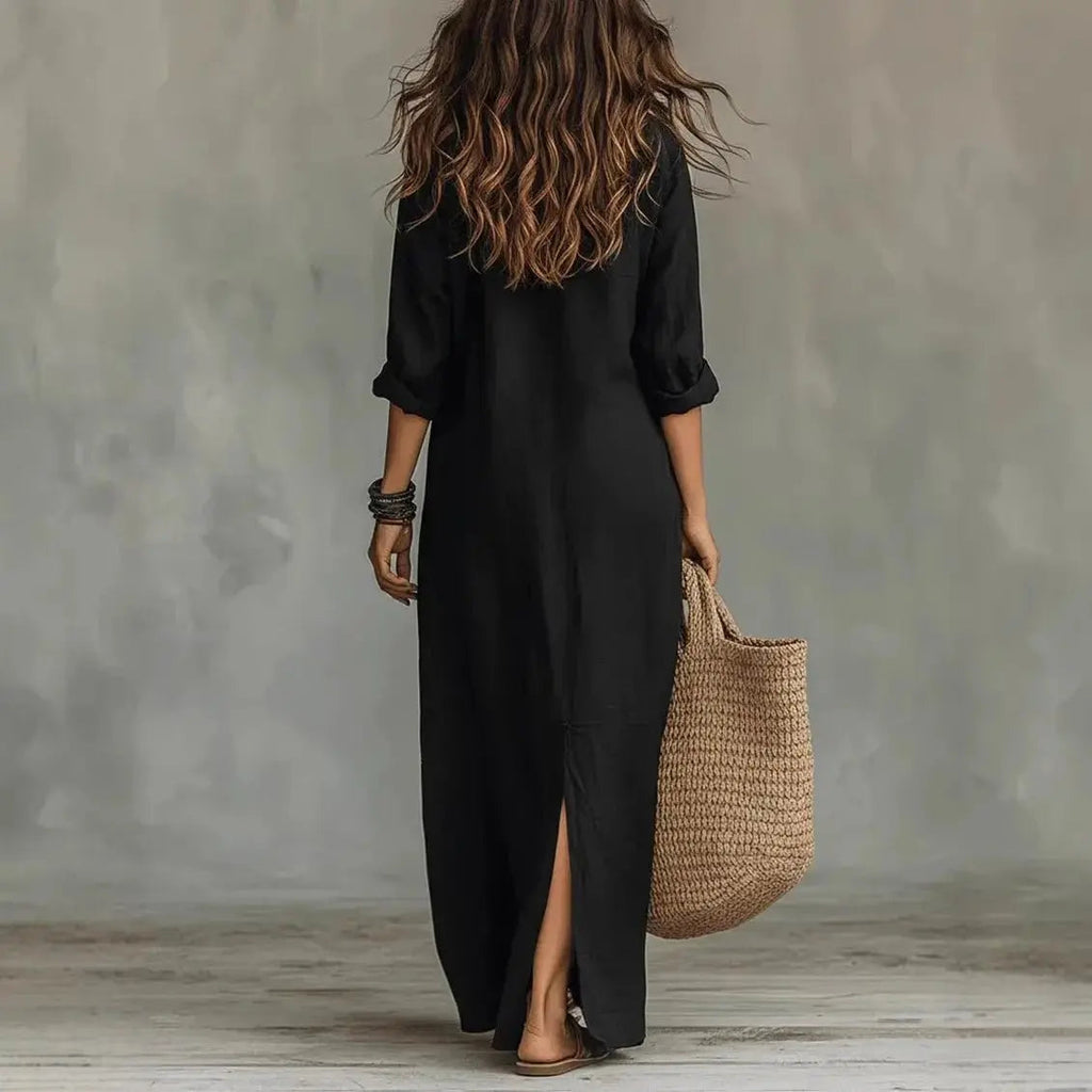 Robe longue-chemise en lin pour femme, à col et ourlet fendu