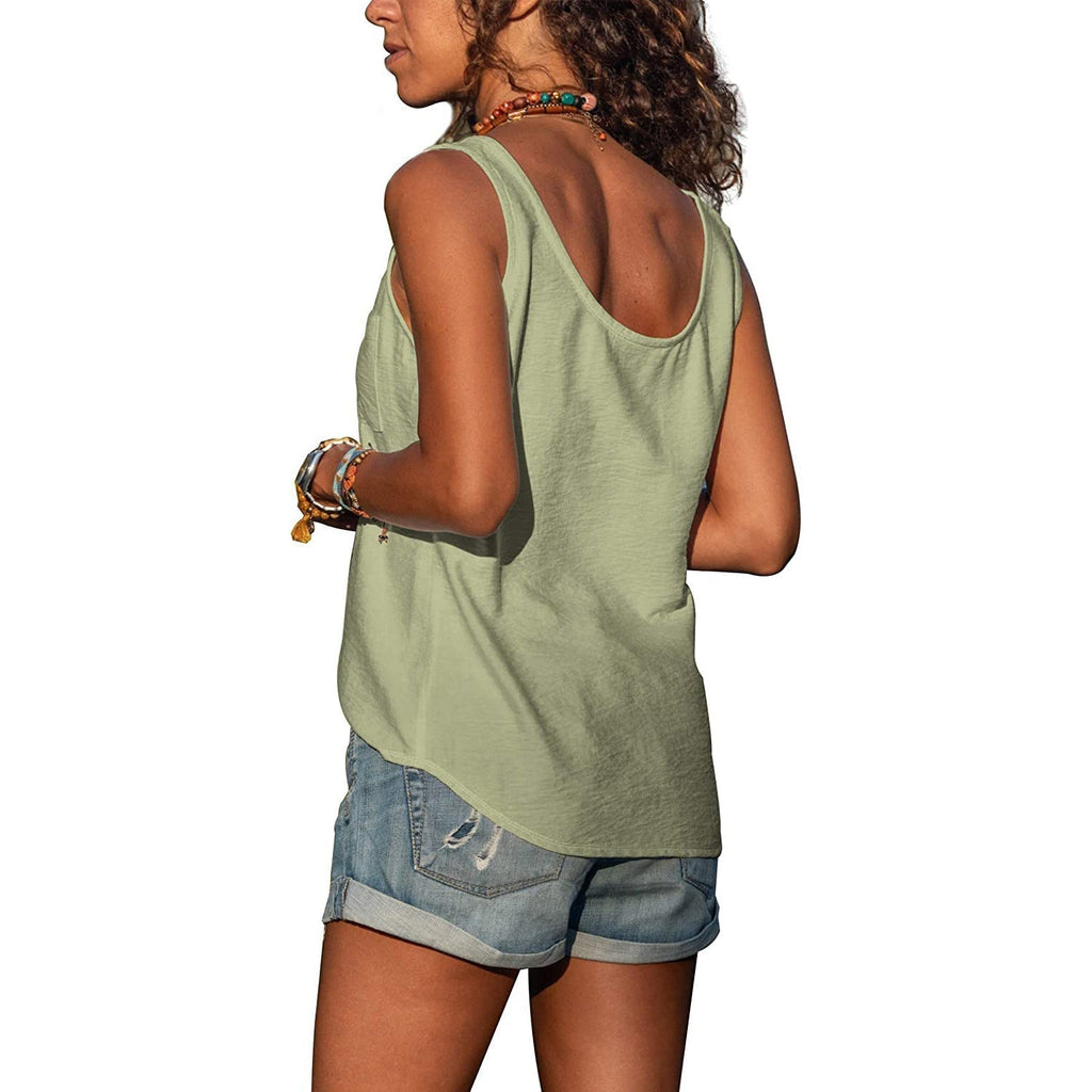 Button-Front Sleeveless Tank Top with Chest Pocket