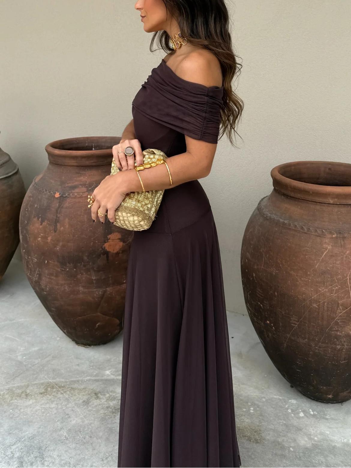 Off-Shoulder Sheer Mesh Flowy Maxi Dress