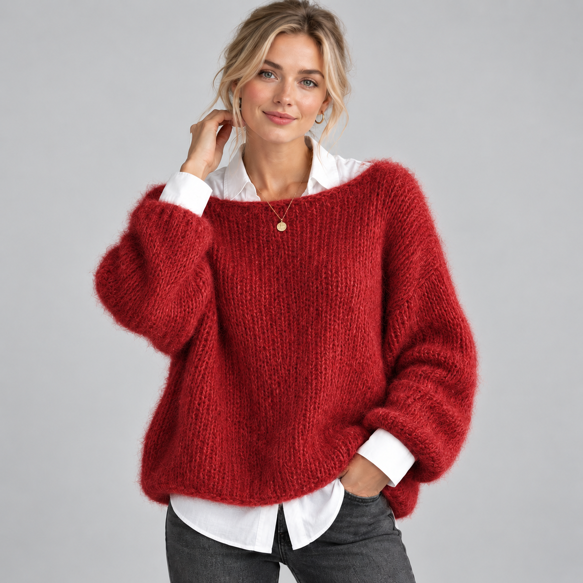 Women's Chunky Fuzzy Knit Boat Neck Sweater