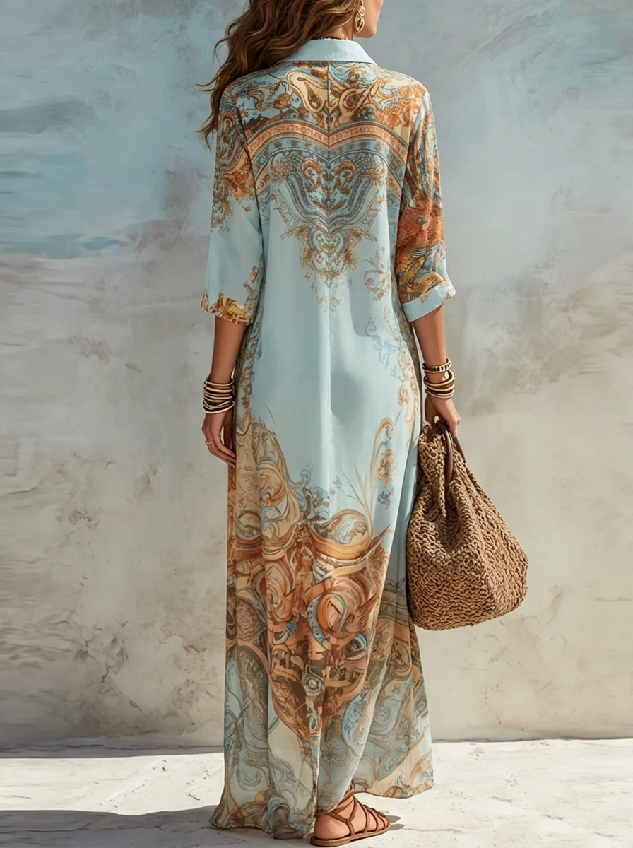 Robe-chemise longue boutonnée à col et imprimé abstrait pour femme