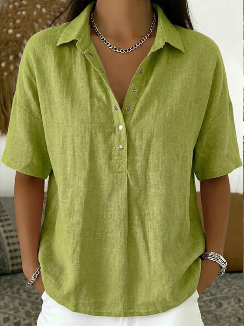 Linen Blend Collared Popover Shirt with Snap Buttons