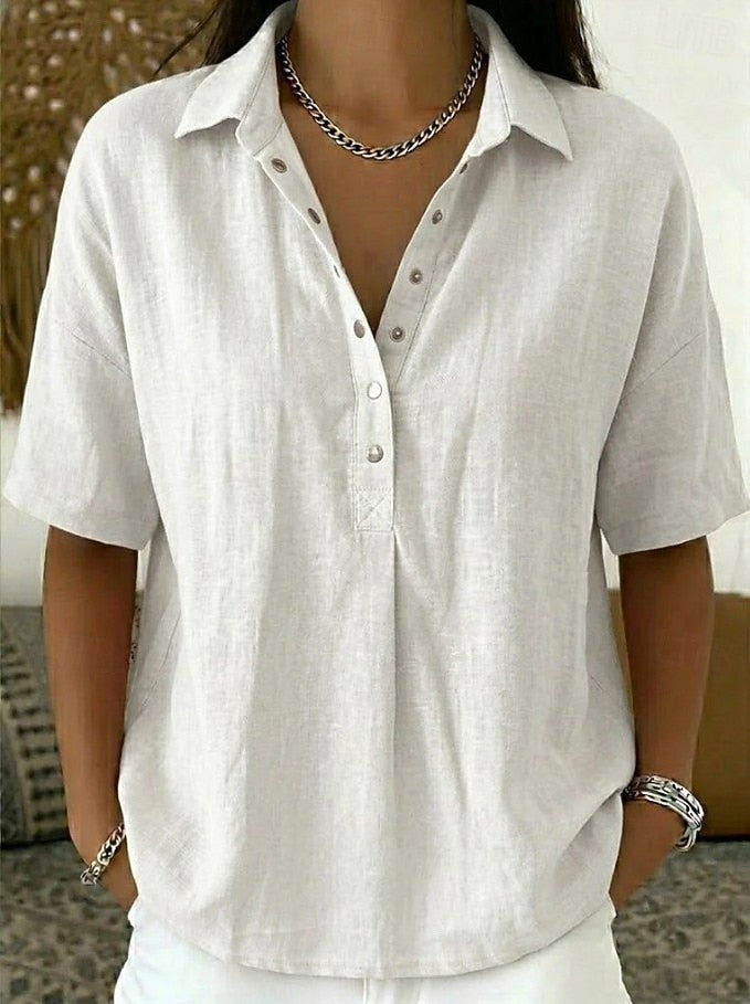 Linen Blend Collared Popover Shirt with Snap Buttons