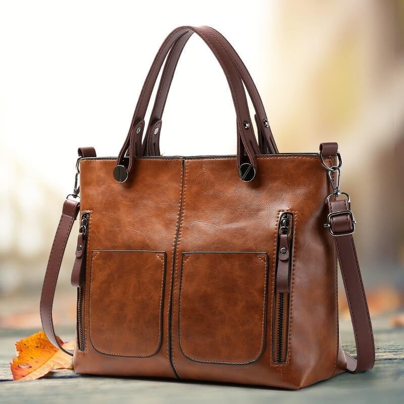 Multi-Pocket Structured Tote Bag with Front Pouches