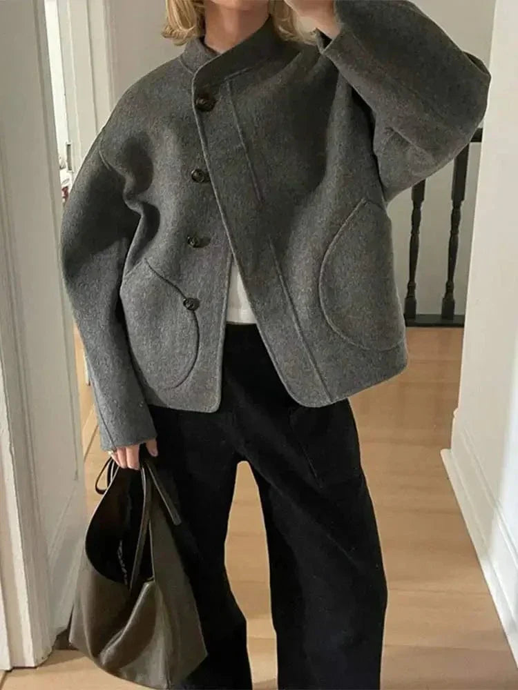 Women's Boxy Wool-Look Jacket with Round Pockets