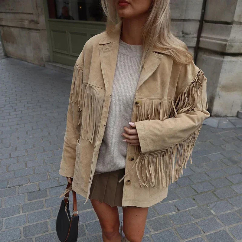 Veste imitation daim à franges pour femme