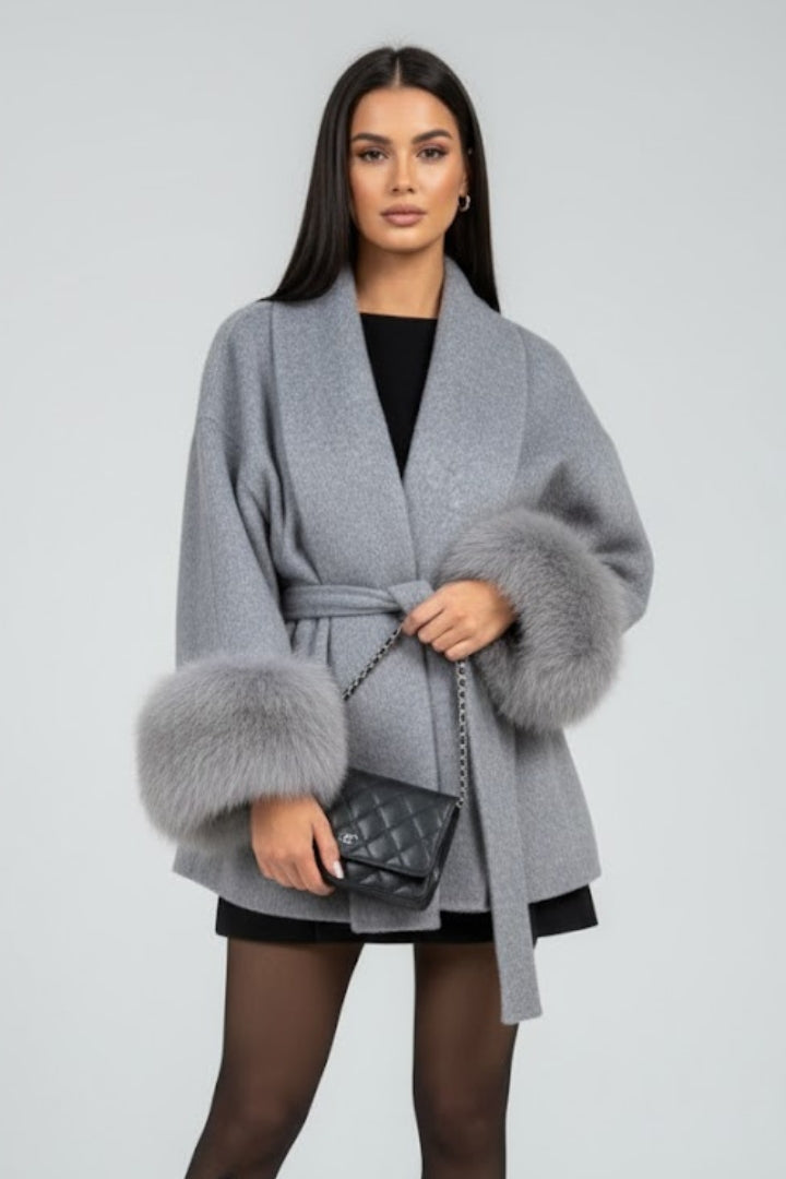 Women's Belted Coat with Faux Fur Cuffs