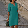 Notch V-Neck Linen Shift Dress with Roll-Up Sleeves