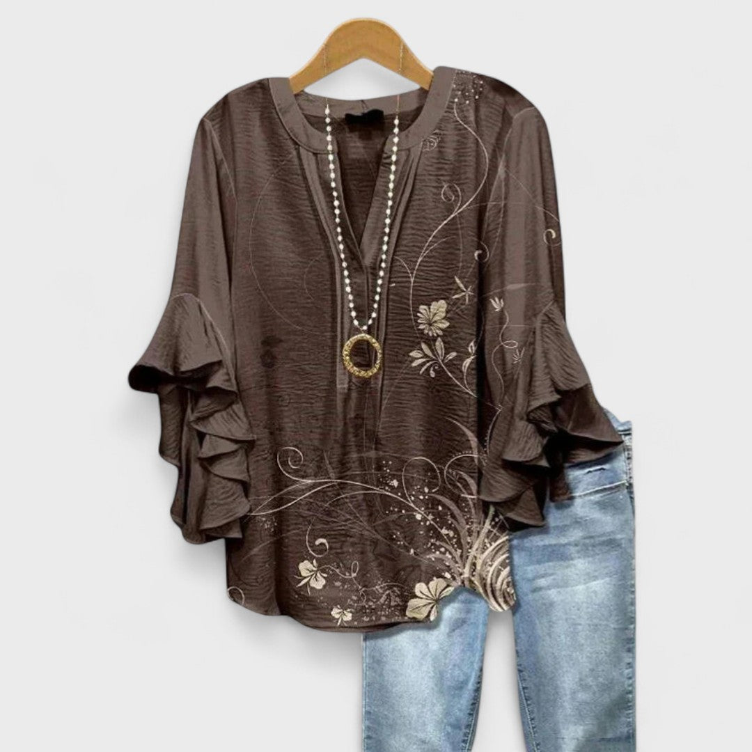 Floral Print Tiered Ruffle Sleeve V-Neck Blouse