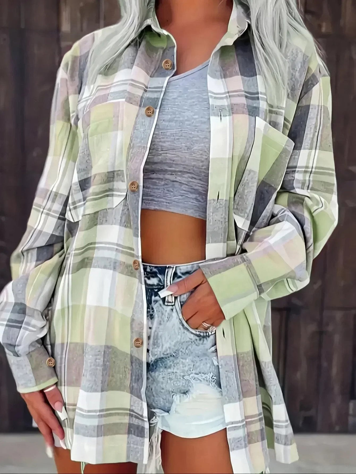 Women's Oversized Plaid Flannel Button-Up Shirt Jacket
