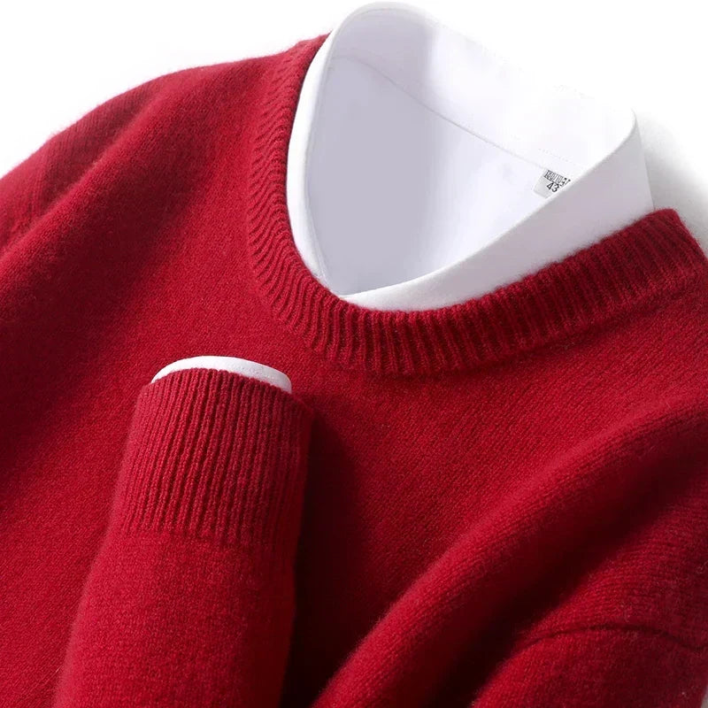 Men's textured knit crew neck sweater shown in light blue and black with long sleeves and ribbed edges