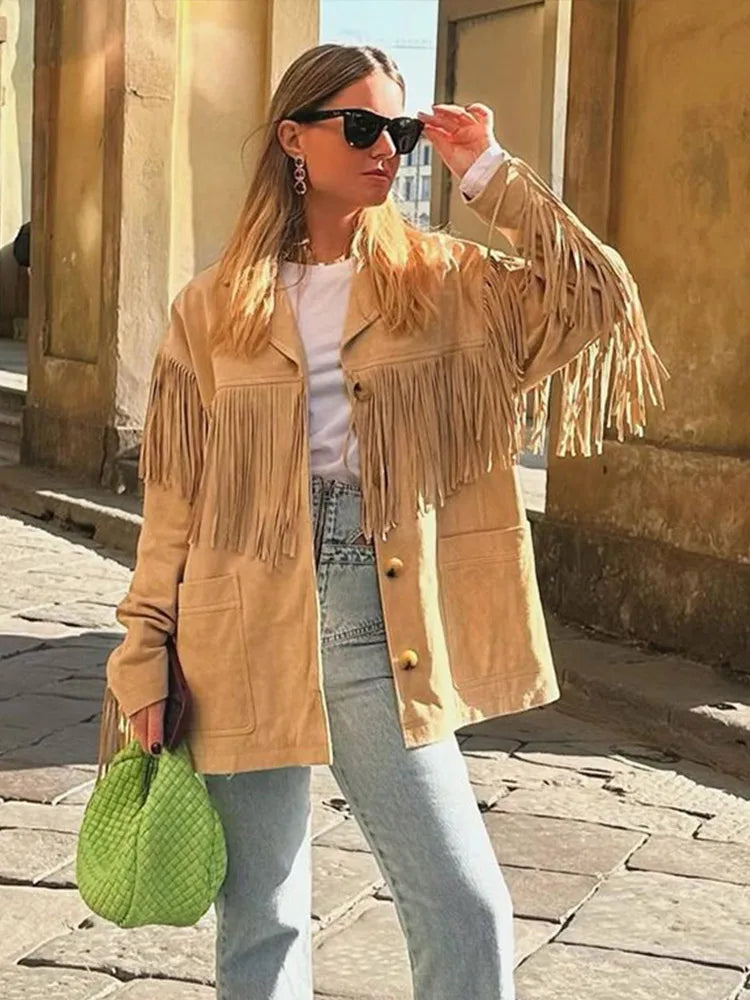 Veste imitation daim à franges pour femme