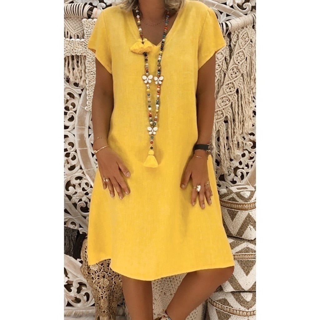 V-Neck Linen Shift Dress with Short Sleeves