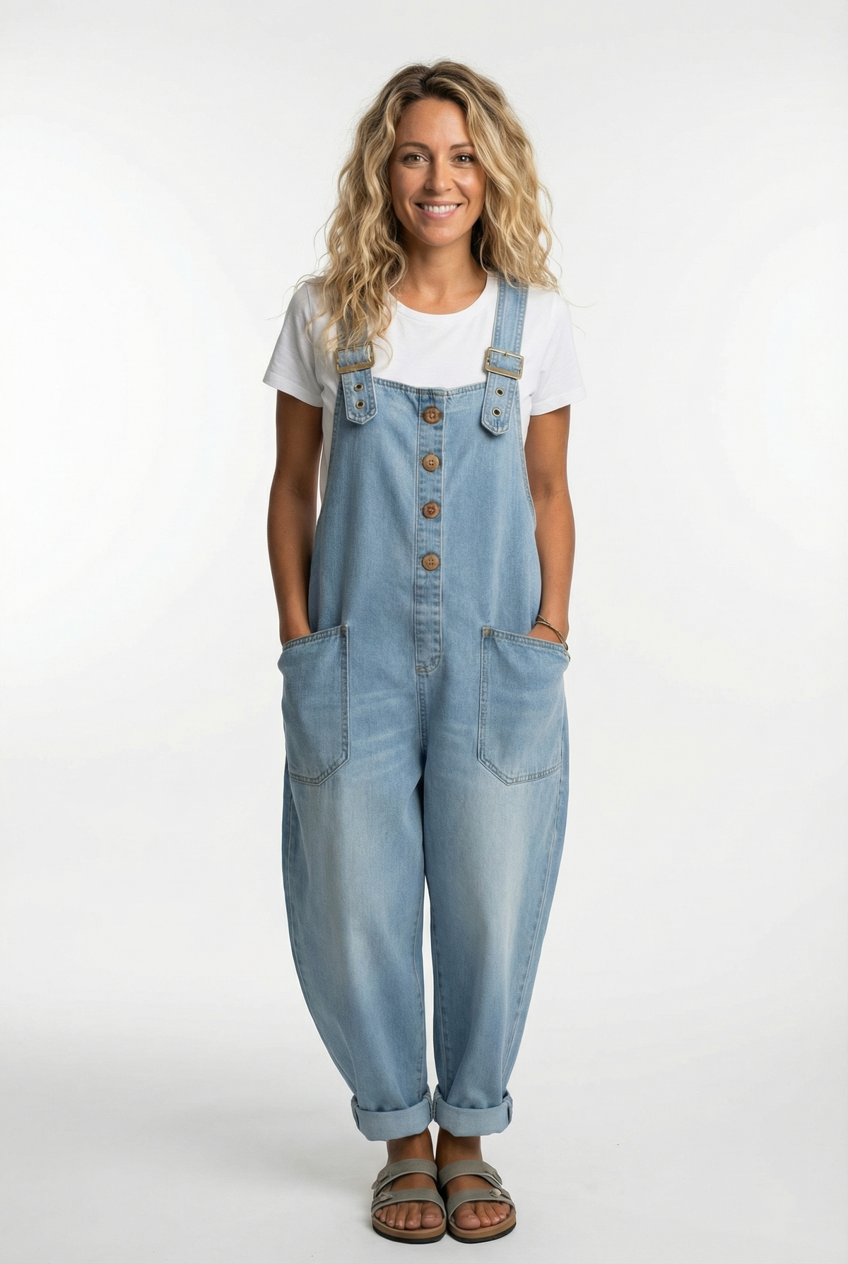 Women's Button-Up Denim Overalls with Pockets