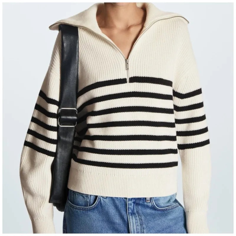 Women's Striped Half-Zip Collared Knit Sweater