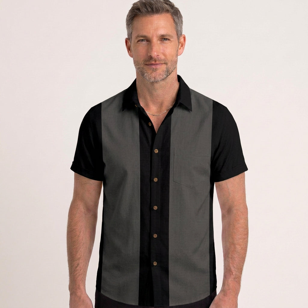 Retro Two-Tone Panel Short Sleeve Bowling Shirt