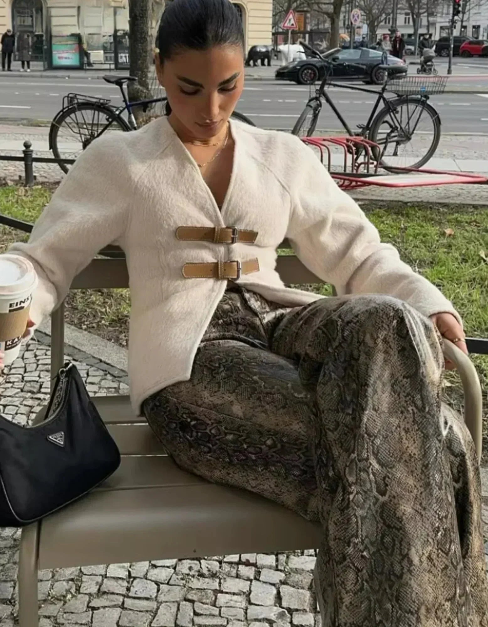 Women's Textured Knit Cardigan with Buckle Strap Detail