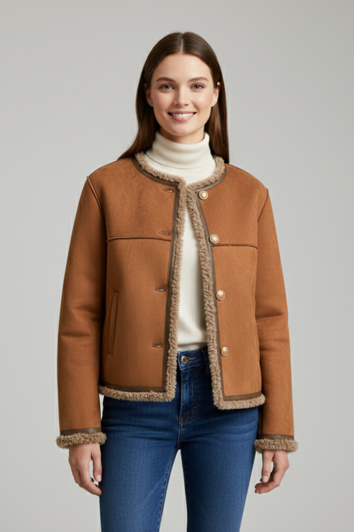 Veste-chemise pour femme en daim avec boutons et bordure en fausse peau lainée