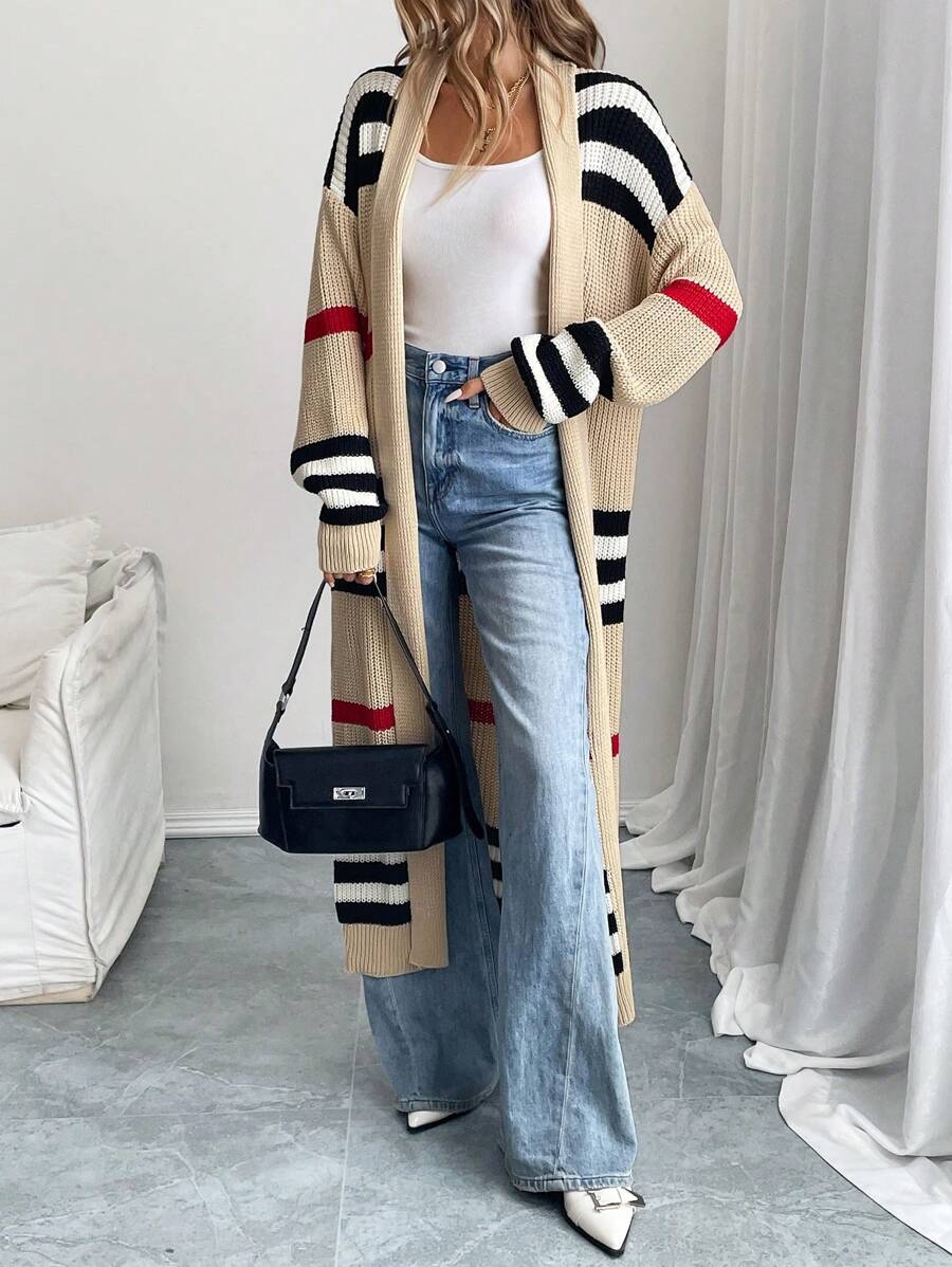Women's Striped Colour Block Open Front Maxi Cardigan