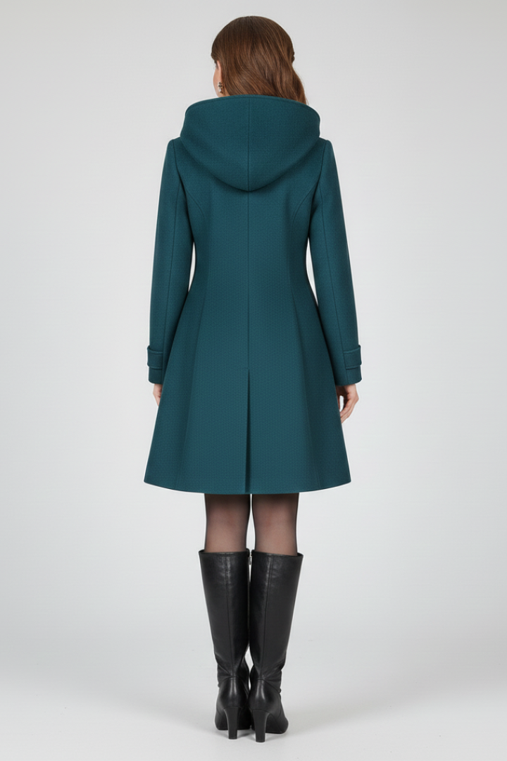 Women's Hooded Double Button Fit and Flare Coat