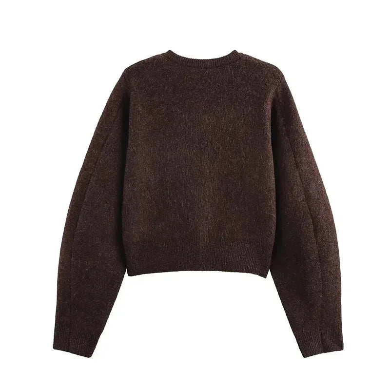 Cardigan en maille court pour femme, à col rond et boutonné