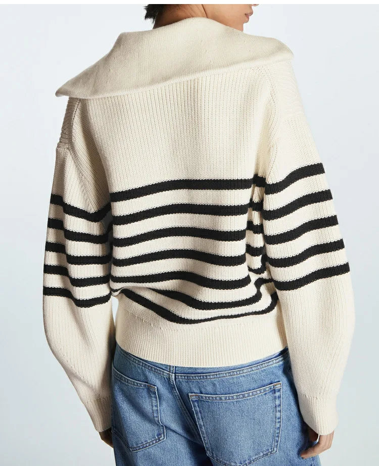 Women's Striped Half-Zip Collared Knit Sweater