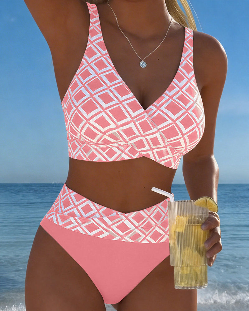 Women's Geometric Print V-Neck High Waisted Bikini Set