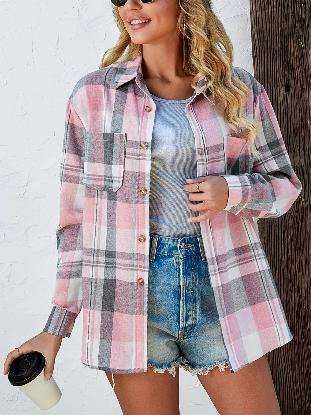 Surchemise-chemise en flanelle à carreaux oversize pour femme, boutonnée