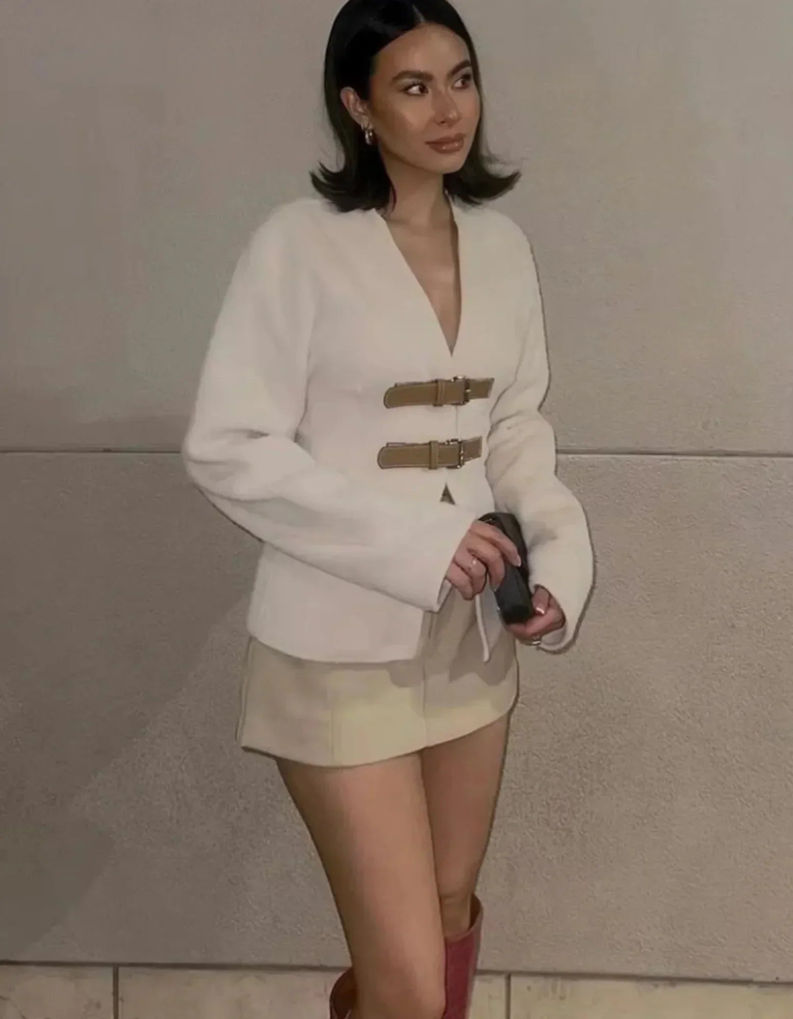Women's Textured Knit Cardigan with Buckle Strap Detail