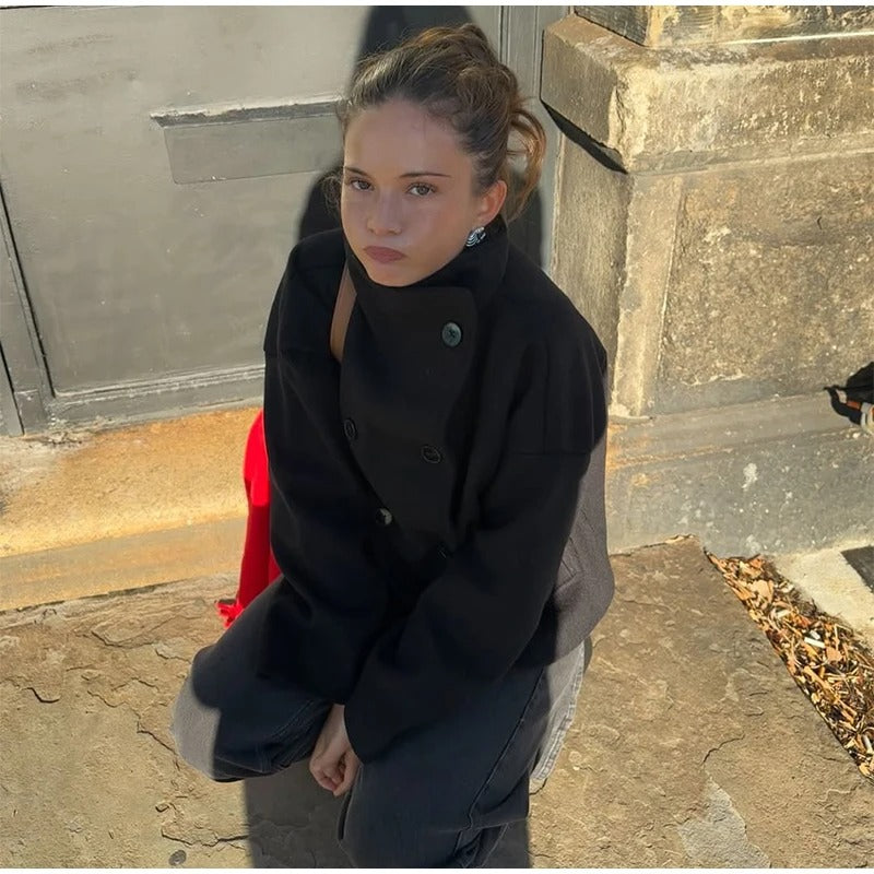 Women's Oversized Double-Breasted Coat with High Collar