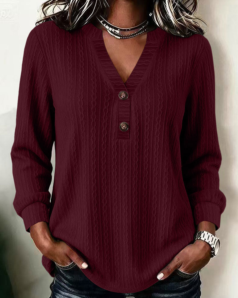 Women's Cable Textured V-Neck Button Long Sleeve Top