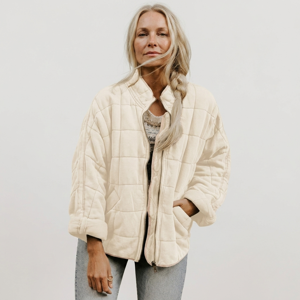 Women's Quilted Jacket with Stand Collar and Zip Front