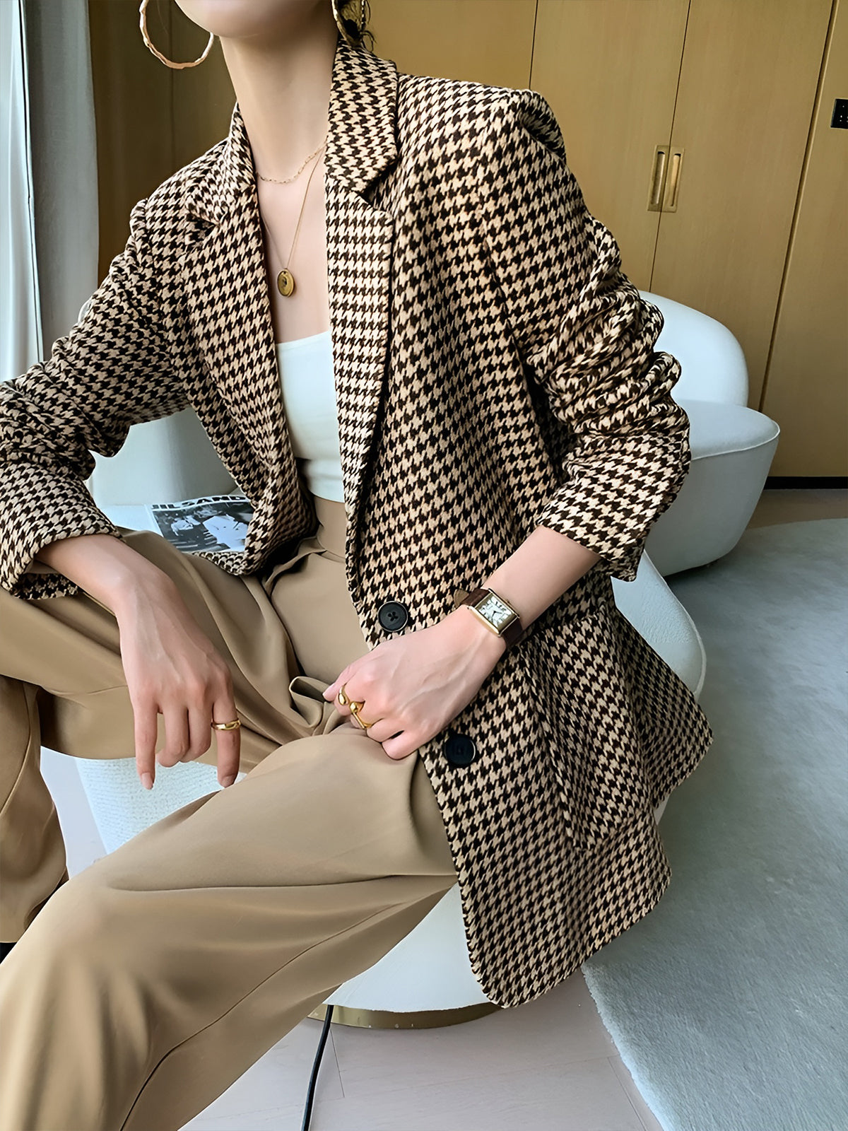 Women's Houndstooth Belted Blazer Jacket