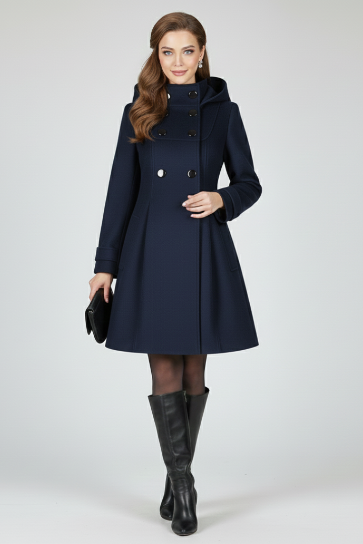 Women's Hooded Double Button Fit and Flare Coat