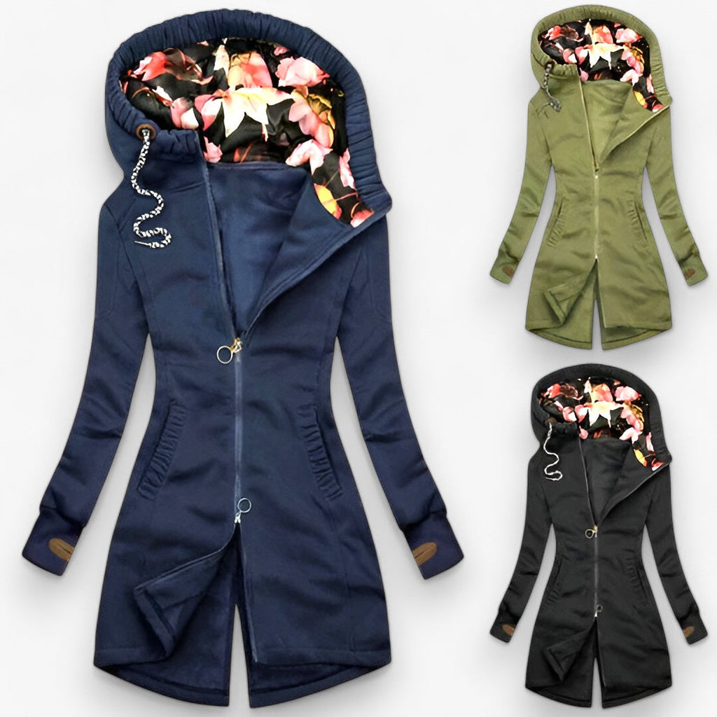 Veste longue à capuche pour femmes, doublée de motifs floraux