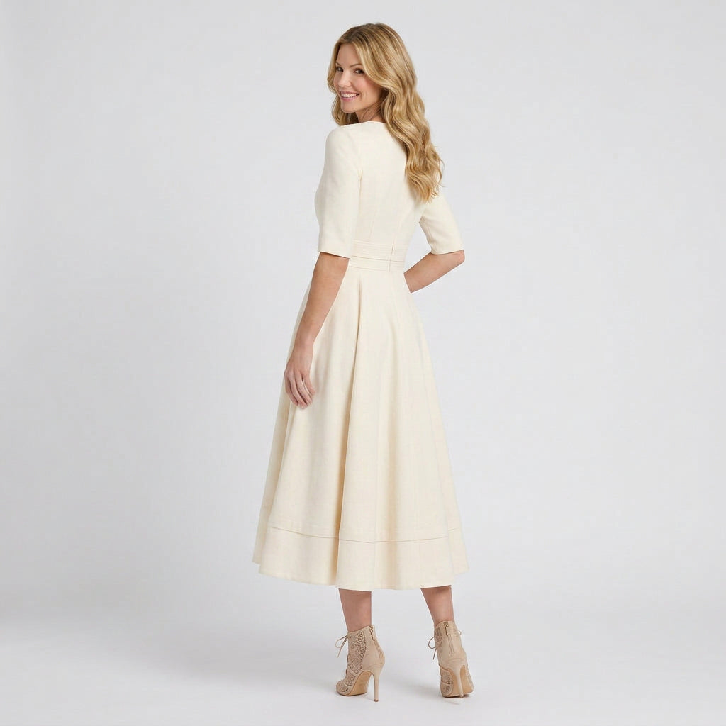 Women’s Midi Dress V Neck Fit and Flare – Short Sleeve Occasion Dress