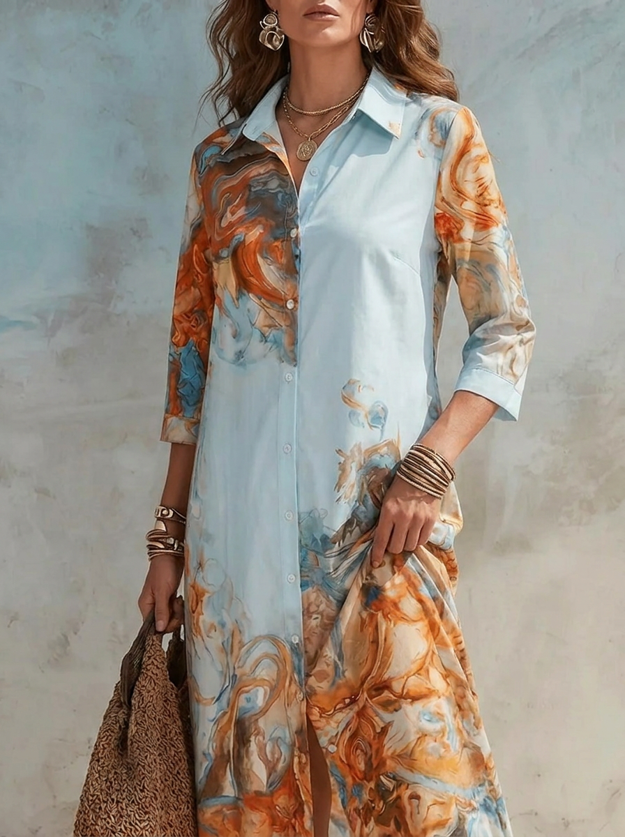 Robe-chemise longue boutonnée à col et imprimé abstrait pour femme