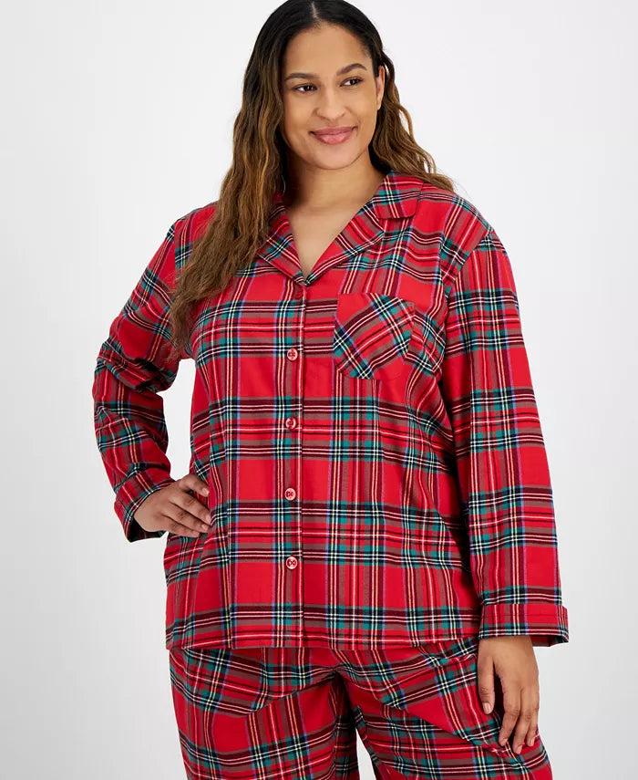 Women's red plaid button-up pajama set with long sleeves and full-length trousers