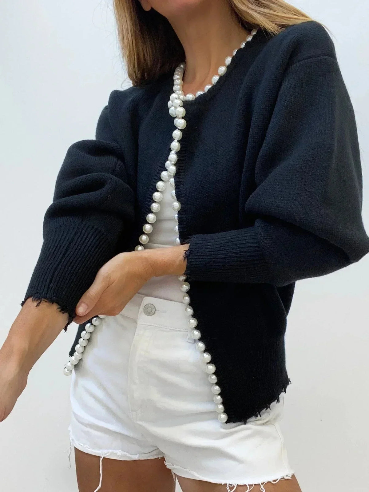Women's Pearl Trim Open Front Knit Cardigan